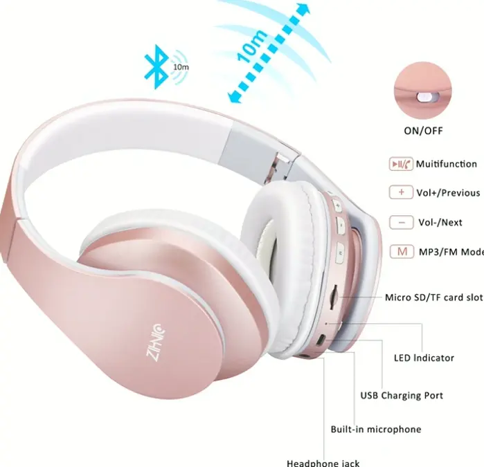 Bluetooth Headset Over-Ear, Collapsible Audio Pink