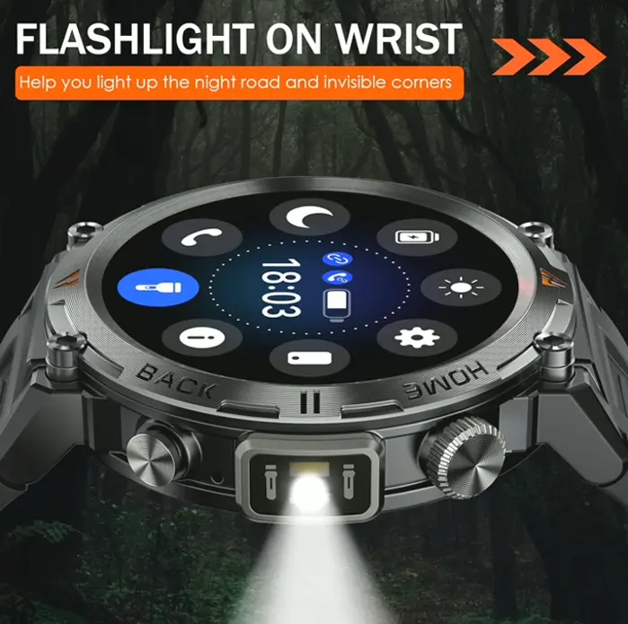 Tactical Smart Watch for Men with LED Light, Waterproof, Large Screen