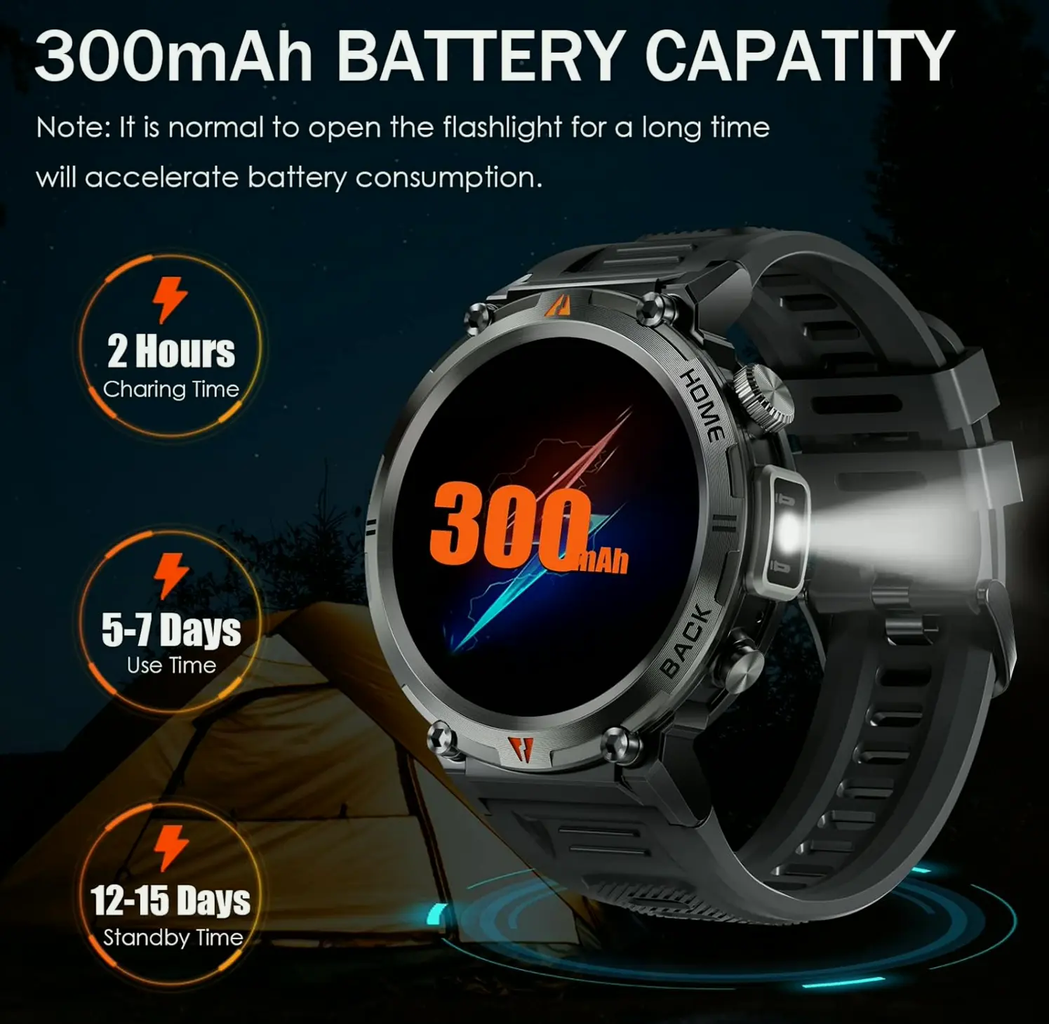 Tactical Smart Watch for Men with LED Light, Waterproof, Large Screen