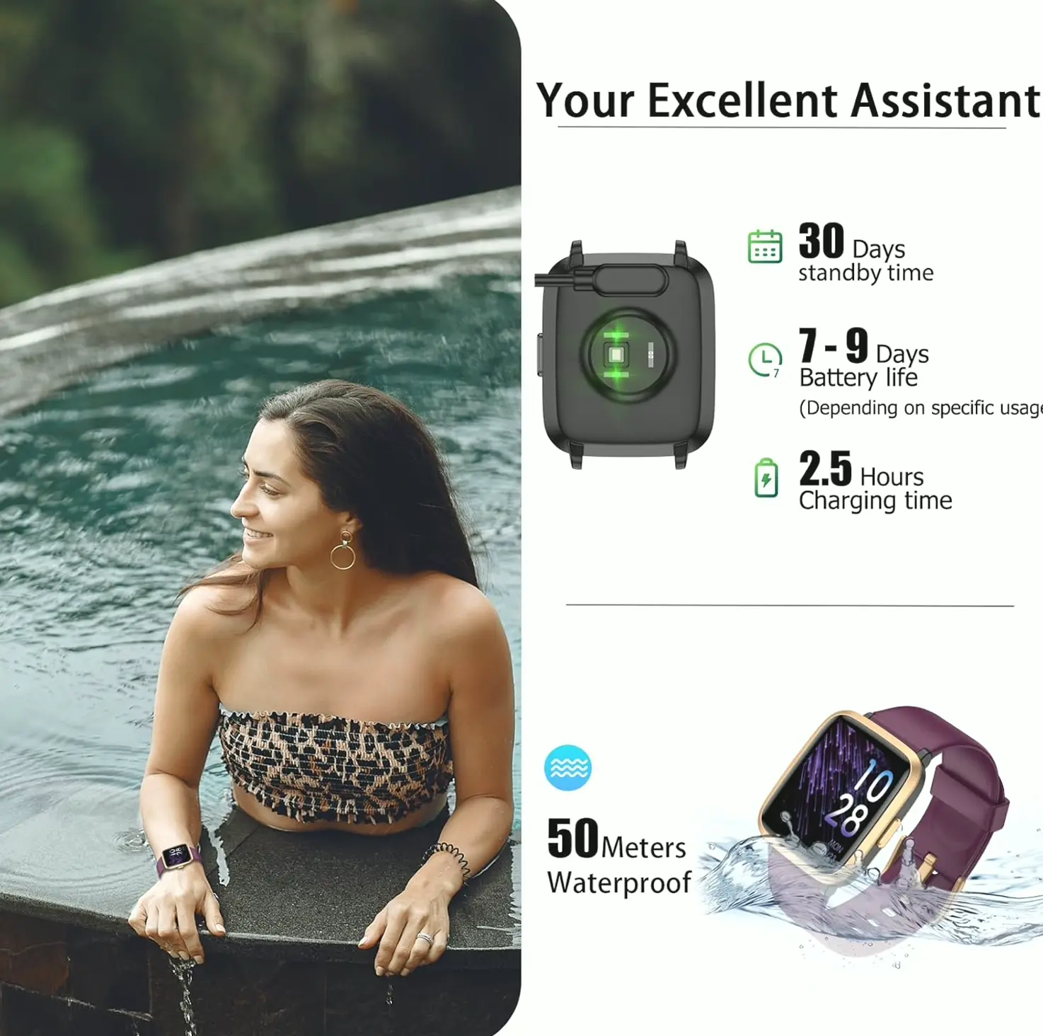 Sleek Fitness Monitor for Women & Men, Smart Watch with HR Monitor, Step Counter, Rest Monitor, 50m Waterproof