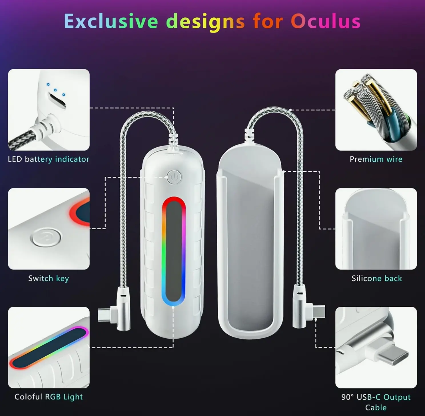 Two Battery Units for Meta Quest 2 5000 mAh Extended Battery Multi-Colors Lighting Head Attachment Extra 2-4H Gameplay