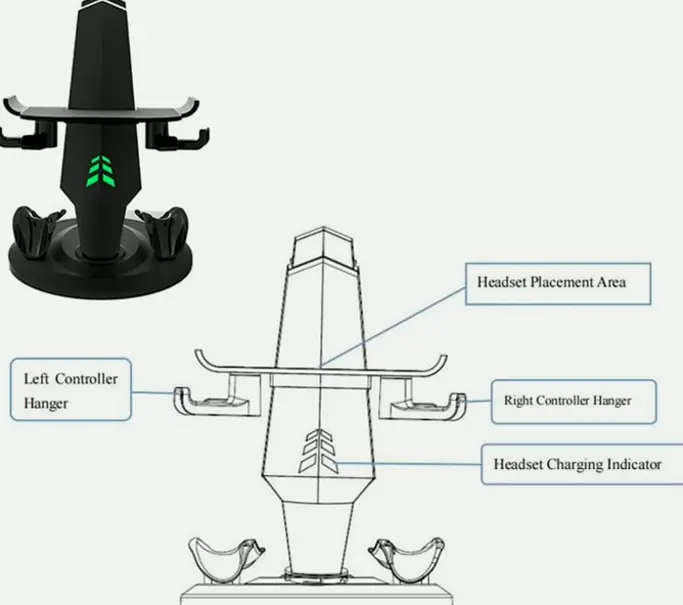 Virtual Reality Stand and Power Dock for Quest VR Headsets (Black)