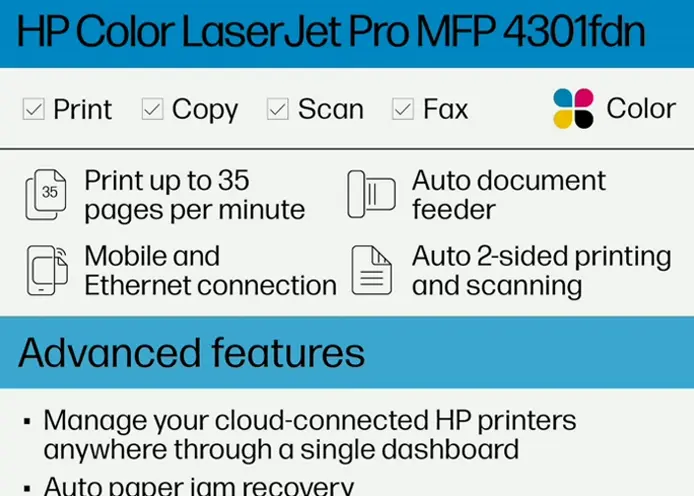 HP Color LaserJet Pro Printer All-in-One 4301fdn, Scan, Copy, Fax, Fast Speeds, Easy Setup, Wireless Printing, Enhanced Security, Perfect for Small Groups, Ivory