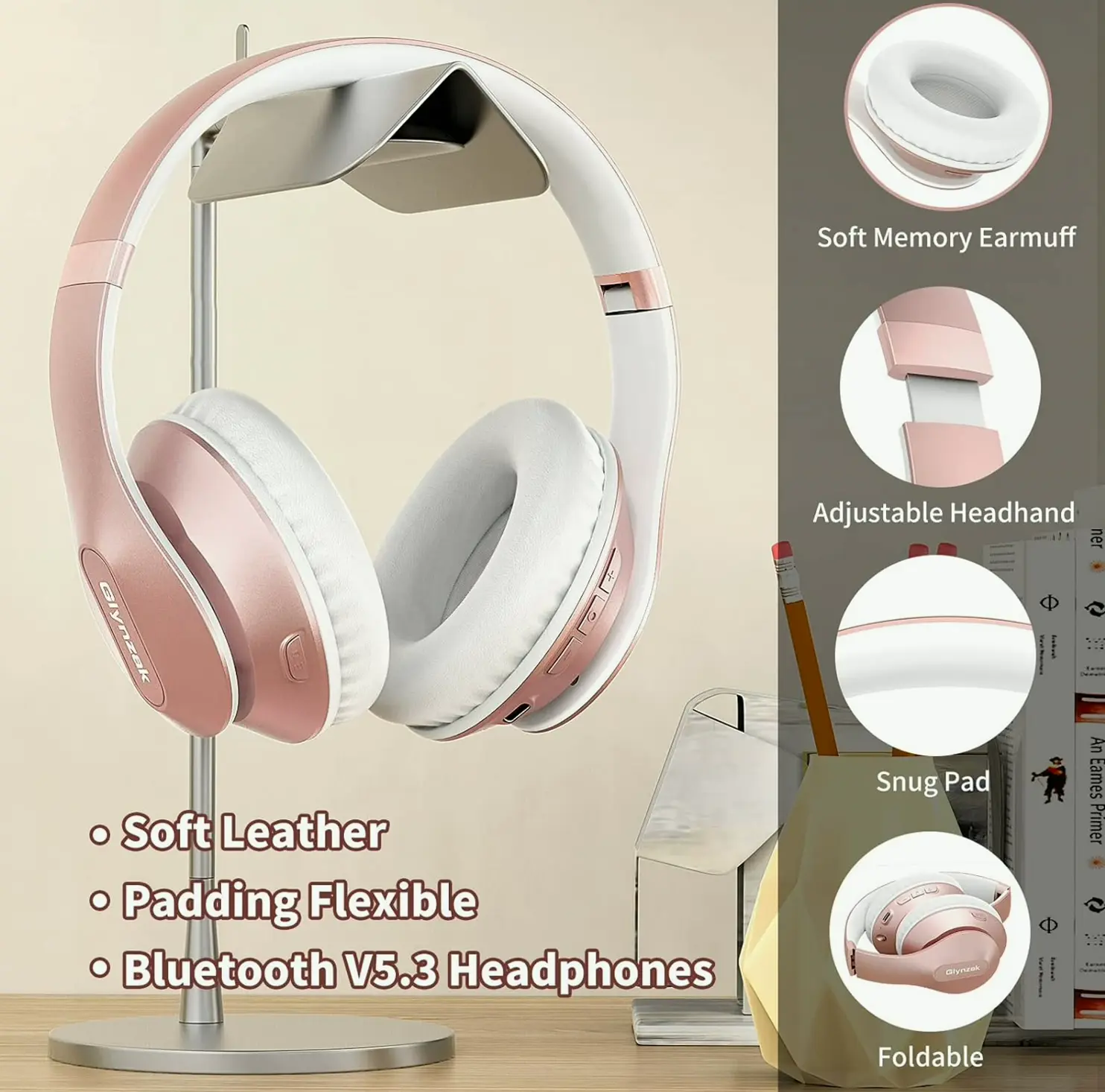 Wireless Wireless Headphones Over Ear 65 Hours Playtime High-Fidelity Sound Headset with Mic & 6 EQ Modes Collapsible Bluetooth V5.3 Headsets for Travel Phone Computer Laptop Rose Gold