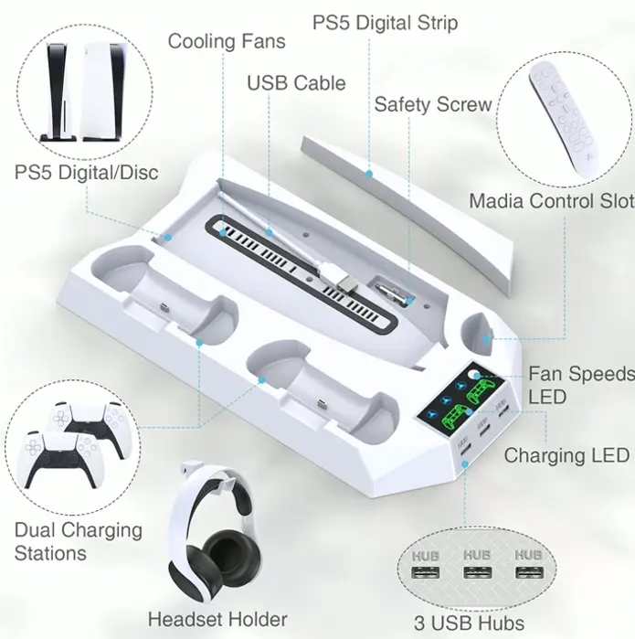 PS5 Dock and Cooling Hub with Twin Gamepad Charging