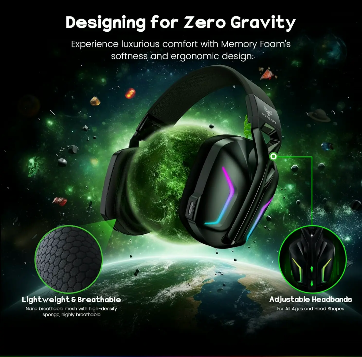 WESEARY's 7.1 Wireless Gaming Headset w/ Mic, 50Hr Battery, RGB