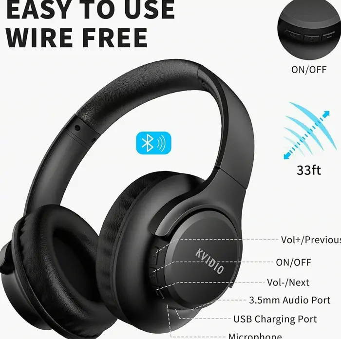 Upgraded Wireless Headphones, Long Battery Life