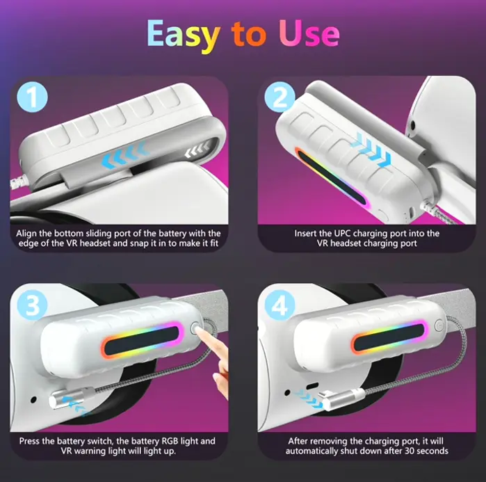 Two Battery Units for Meta Quest 2 5000 mAh Extended Battery Multi-Colors Lighting Head Attachment Extra 2-4H Gameplay