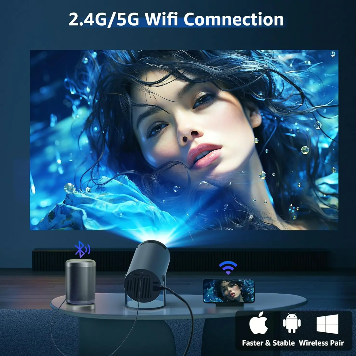 Mini Projector with Android TV, Supports 1080P, 360 Audio