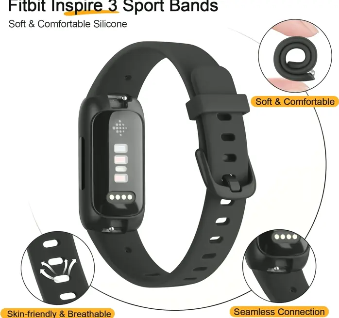 Substitute Bands compatible with Fitbit's Inspire 3, Smooth Silicone, Adjustable