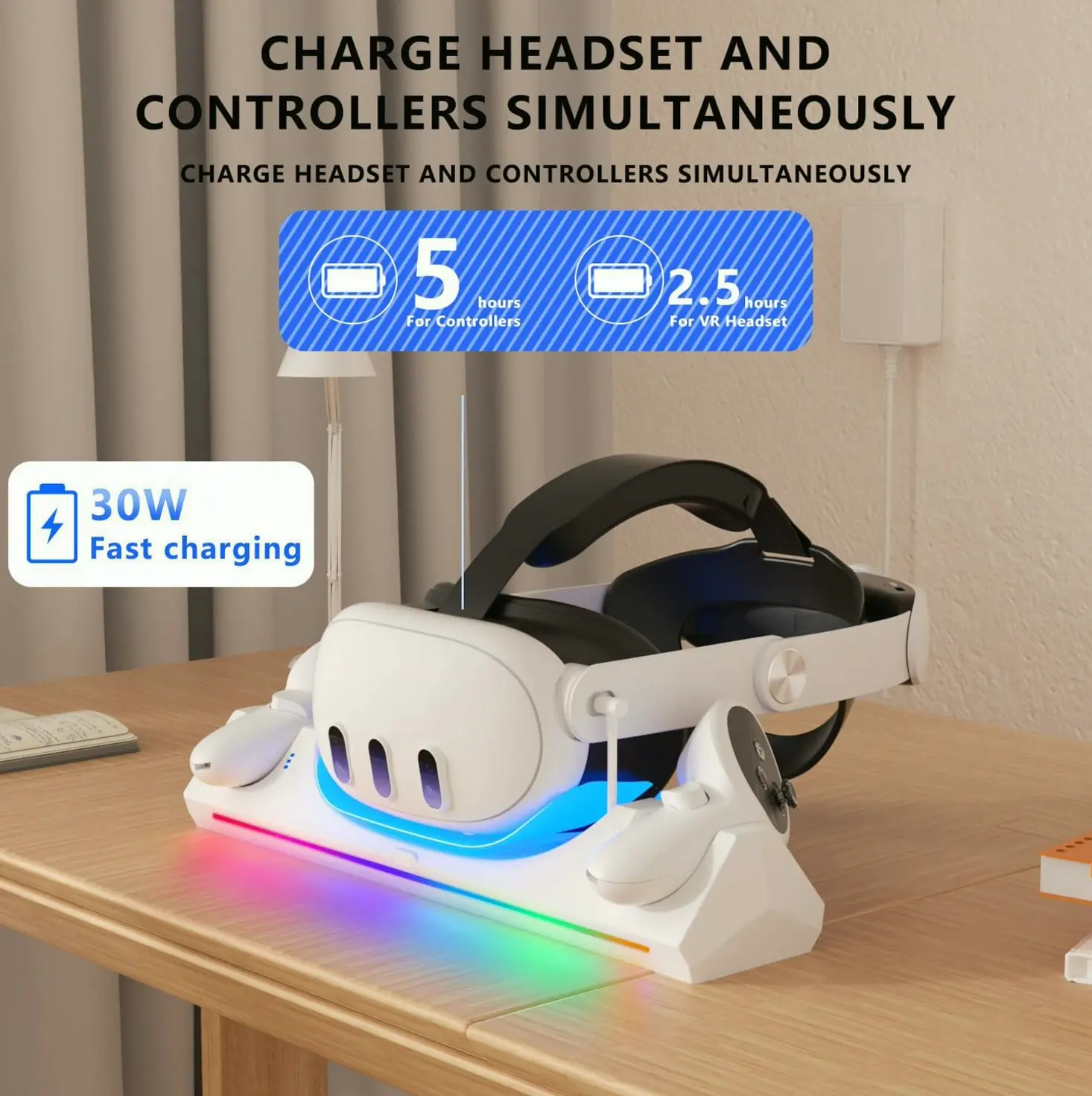 Eslick Charging Station for Meta Quest 3 Accessories, 30W Fast Adapter