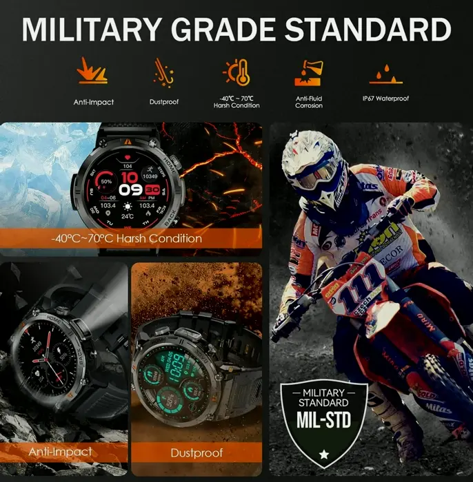 Tactical Smart Watch for Men with LED Light, Waterproof, Large Screen